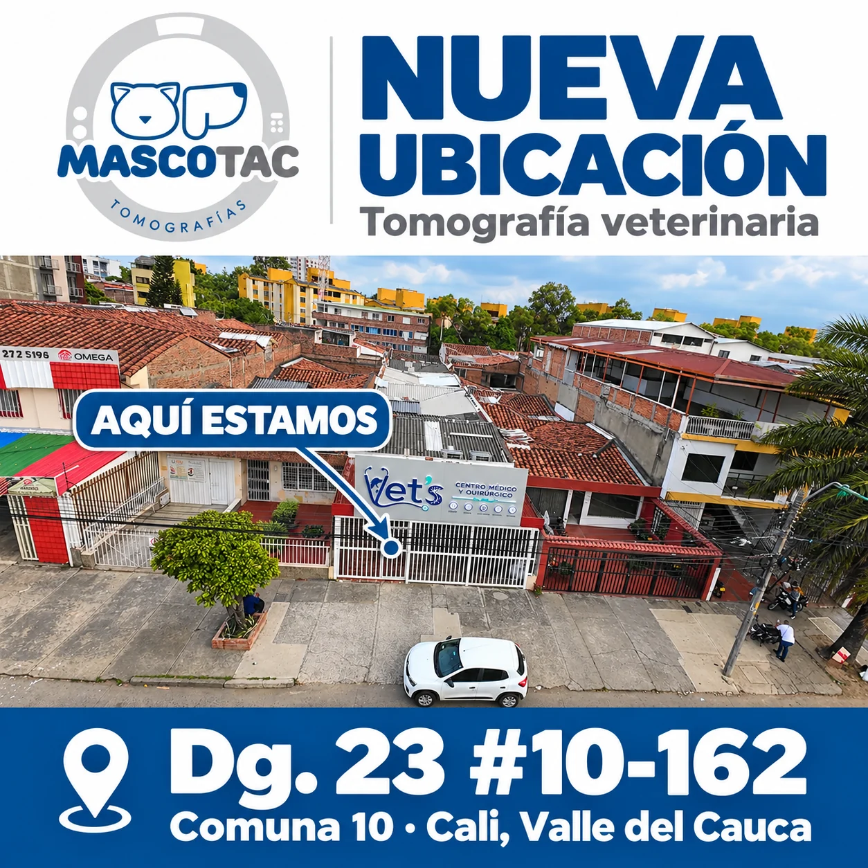 Nueva sede de MascoTAC en Dg. 23 #10-162, Comuna 10, Cali; fotografía exterior con indicación de la entrada